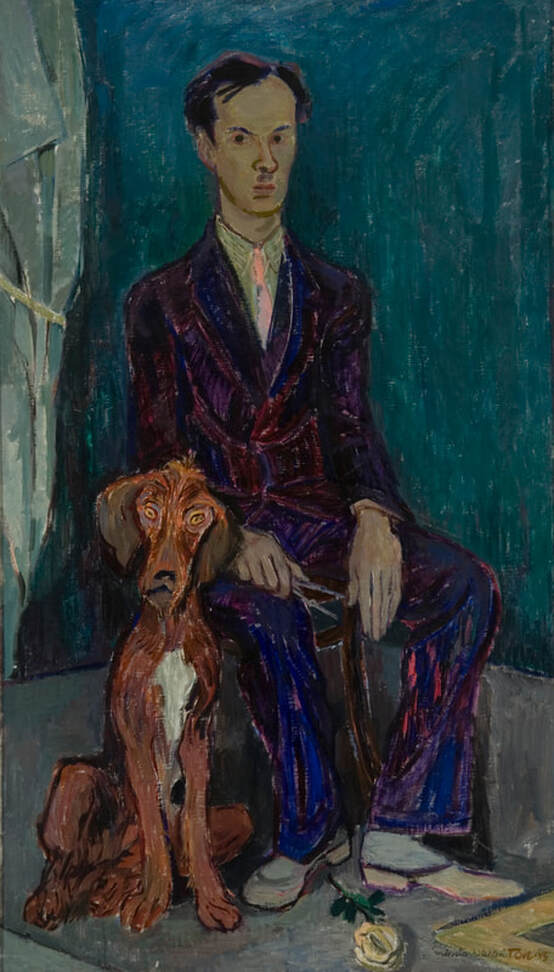 Painting, portrait of a man in blue suit, Irish red setter next to man