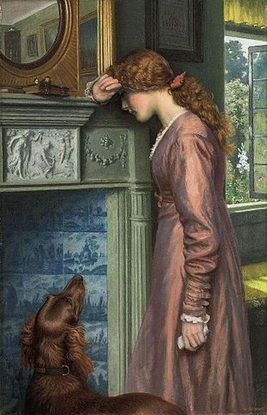 painting, woman leaning his head to her arm, irish setter looking woman