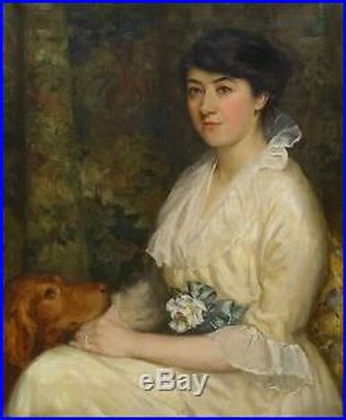 Painting, woman in white dress, Irish red setter head leaning to her hands
