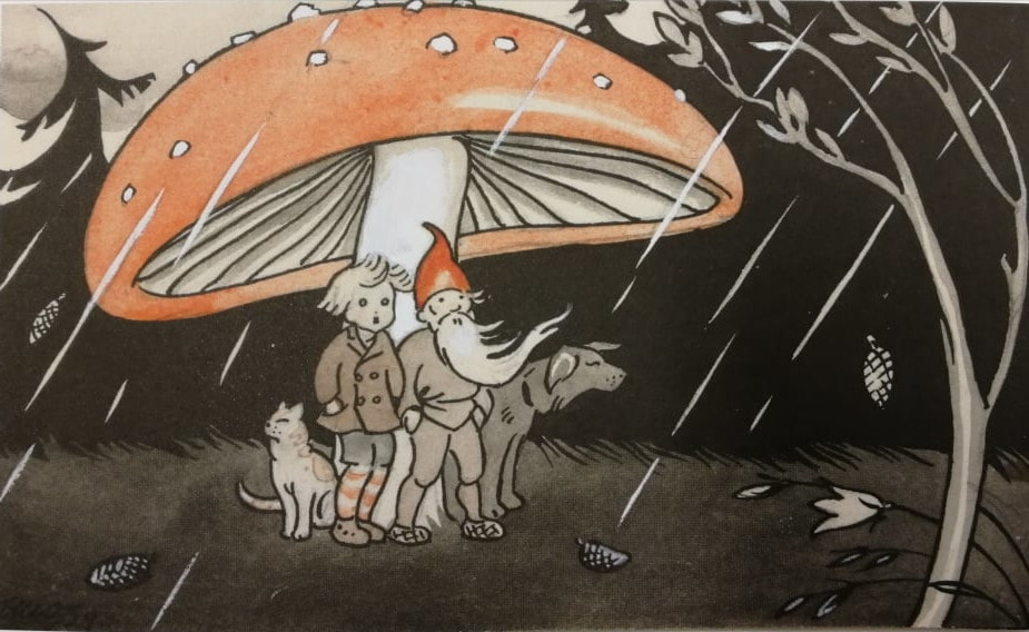 Drawing, dwarf, boy, Irish red setter and a cat standing under a huge mushroom